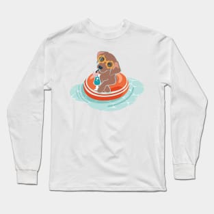 Summer pool pawty // aqua background brown Labrador retriever dog breed in vacation playing on swimming pool Long Sleeve T-Shirt